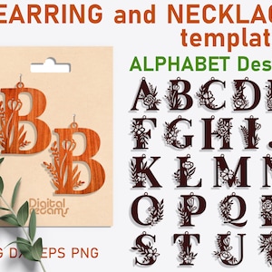 Può includere: Un set di modelli per orecchini e collane con le lettere dell'alfabeto dalla A alla V con disegni floreali. Le lettere sono nere e i disegni floreali sono bianchi. L'immagine mostra anche due orecchini a forma della lettera B con disegni floreali.