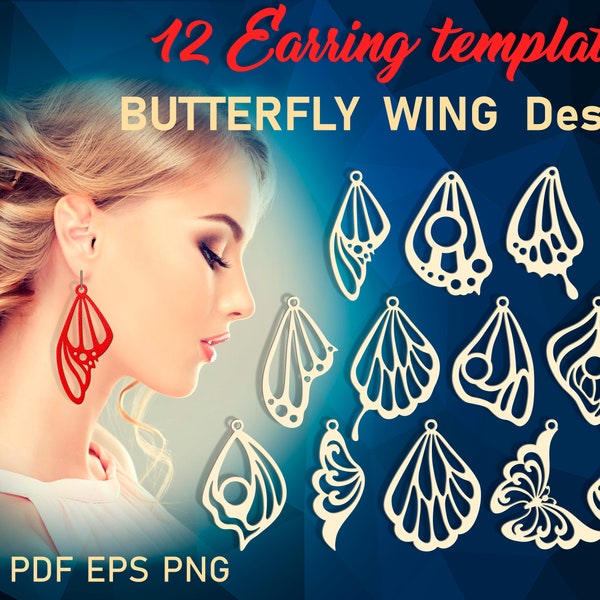 Butterfly Wing earrings svg bundle, Faux leather earring templates, Silhouette Glowforge cut files,  Earring DXF PNG