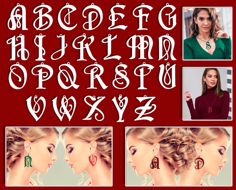 Leather earring svg bundle Letter necklace Initial necklace Wood template Alphabet earrings Jewelry cut files dxf png image 7