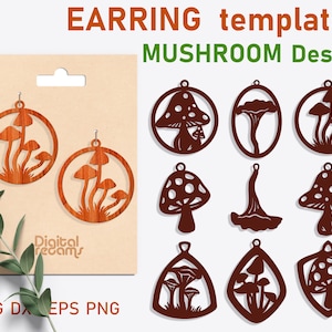 Mushroom earrings svg Mushroom necklace Plant earrings Leather earring svg bundle Acrylic pendant svg Jewelry laser cut files dxf png eps image 1