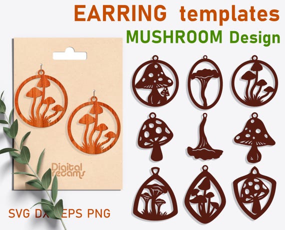 Mushroom earrings svg Mushroom necklace Plant earrings Leather earring svg bundle  Acrylic pendant svg Jewelry laser cut files dxf png eps