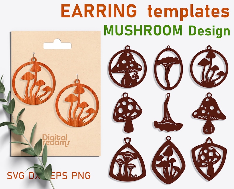 Mushroom earrings svg Mushroom necklace Plant earrings Leather earring svg bundle Acrylic pendant svg Jewelry laser cut files dxf png eps image 1