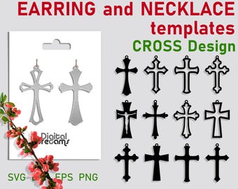 May include: A digital download of SVG, EPS, and PNG files for a cross design earring and necklace template. The design features a simple cross shape with a decorative detail at the top.