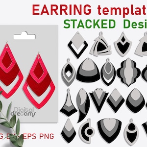 Może przedstawiać: Zestaw 16 warstwowych szablonów kolczyków w kolorze czarnym, szarym i białym. Szablony mają różne geometryczne kształty, w tym trójkąty, romby i owale. Tekst "EARRING templates STACKED Design" znajduje się w górnej części obrazu.