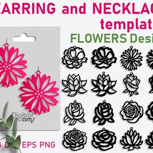 May include: A set of 18 flower-shaped earring and necklace templates for crafting. The templates feature a variety of flower designs, including roses, peonies, and daisies. The templates are black and white and are suitable for use with a variety of crafting materials.