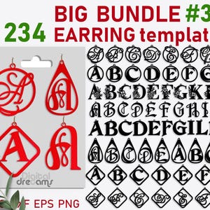Brincos de alfabeto svg, colar com letras, monograma inicial, pingente de acrílico svg, modelo de madeira, arquivos de corte de joias dxf png