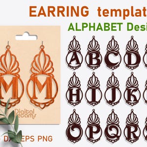 26 Brincos de alfabeto elegantes SVG Modelo de brinco de letra decorativa Arquivos de corte de joias iniciais Monograma de joias dxf png