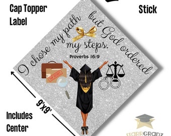 Graduation cap topper/PROVERBS 16:9/silver grey/digital glitter/criminal justice