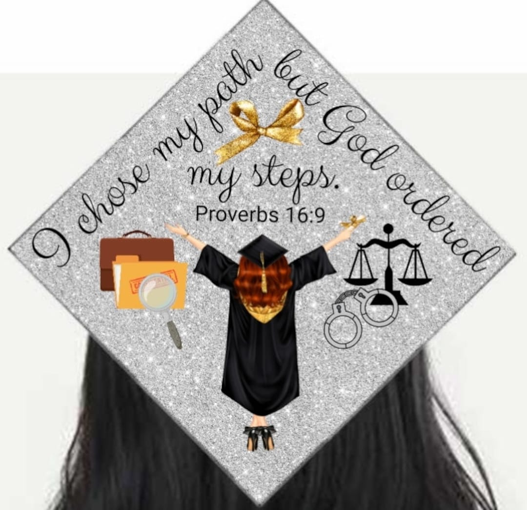Tapa de graduación topper/PROVERBS 16:9/gris plata/brillo digital/justicia  penal - Etsy México, image size:1080x1045