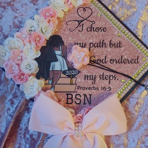 Graduation cap topper/ PROVERBS/light pink and white flowers/ pearl border/ pink bow/diy
