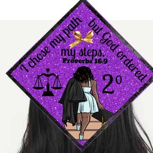 Graduation cap topper/PROVERBS 16:9/justice scale/ purple glitter