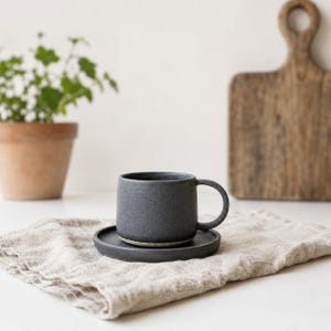 Stoneware Coffee Cup with Saucer // Ceramic Cup 160ml // Scandinavian Pottery