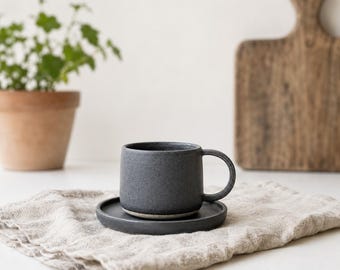 Stoneware Coffee Cup with Saucer // Ceramic Cup 160ml // Scandinavian  Pottery