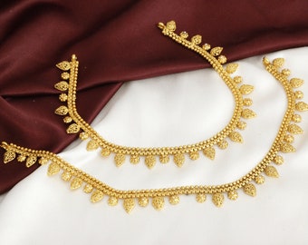 Par de tobilleras tradicionales chapadas en oro del sur de la India, tobilleras de oro con cadena, tobilleras bohemias/joyería de cadena exclusiva paquistaní