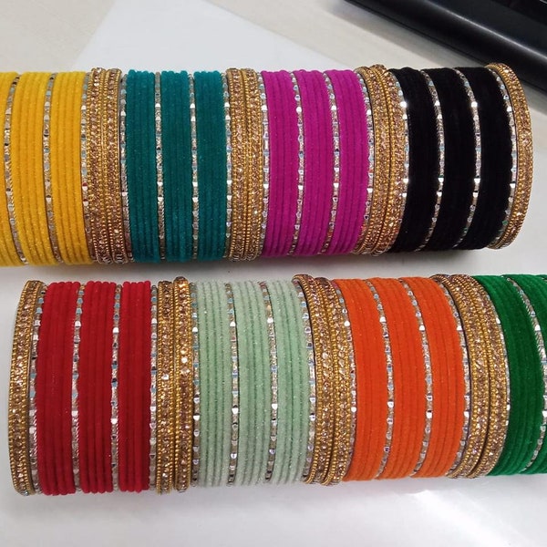 Indian Bollywood Beautiful Velvet Bangle Bracelet Set Latest Trending Churi Multi color Velvet Bangle Box Metal Churi Set