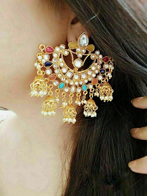 Traditional Gold Plated Maroon Enamel Painted Pot Design Stud With Layered  Pearls Hanging Jhumkas Hair Chain Bahubali Earrings