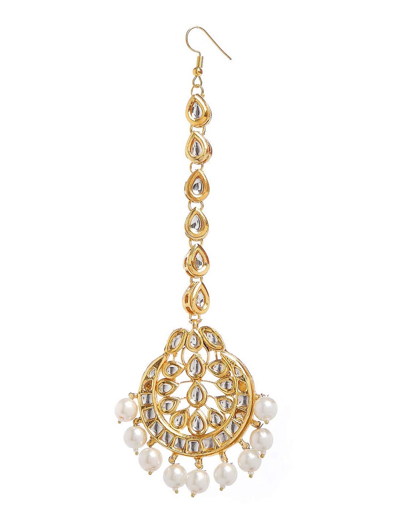 Ethnic Traditional Indian Exclusive Gold Tone Wedding Kundan White Pearl Maang Tikka Forehead Tikka Jewellery