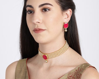 Tradizionale indiano Bollywood etnico rubino pietra Kundan goccia collana girocollo orecchini set di gioielli da donna gioielli da sposa e da festa