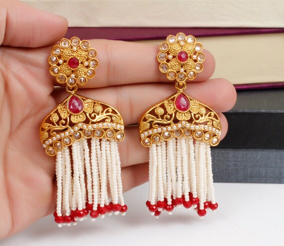 Indian Bollywood Gold Plated Pearl Tassel White Earring Partywear Women Jewelry 