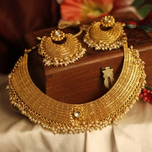 Gold plated Kundan Pearl beads polki necklace earring set women wedding necklace
