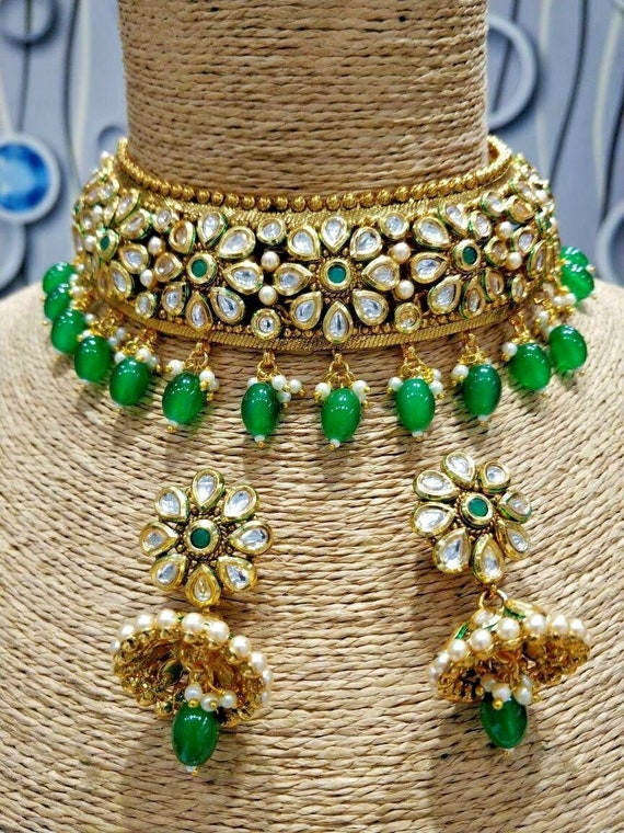 Kundan Necklace Set with Green drops – Masayaa