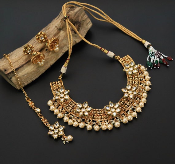 Traditional South Indian Gold Plated Kundan Necklace Set Pearl