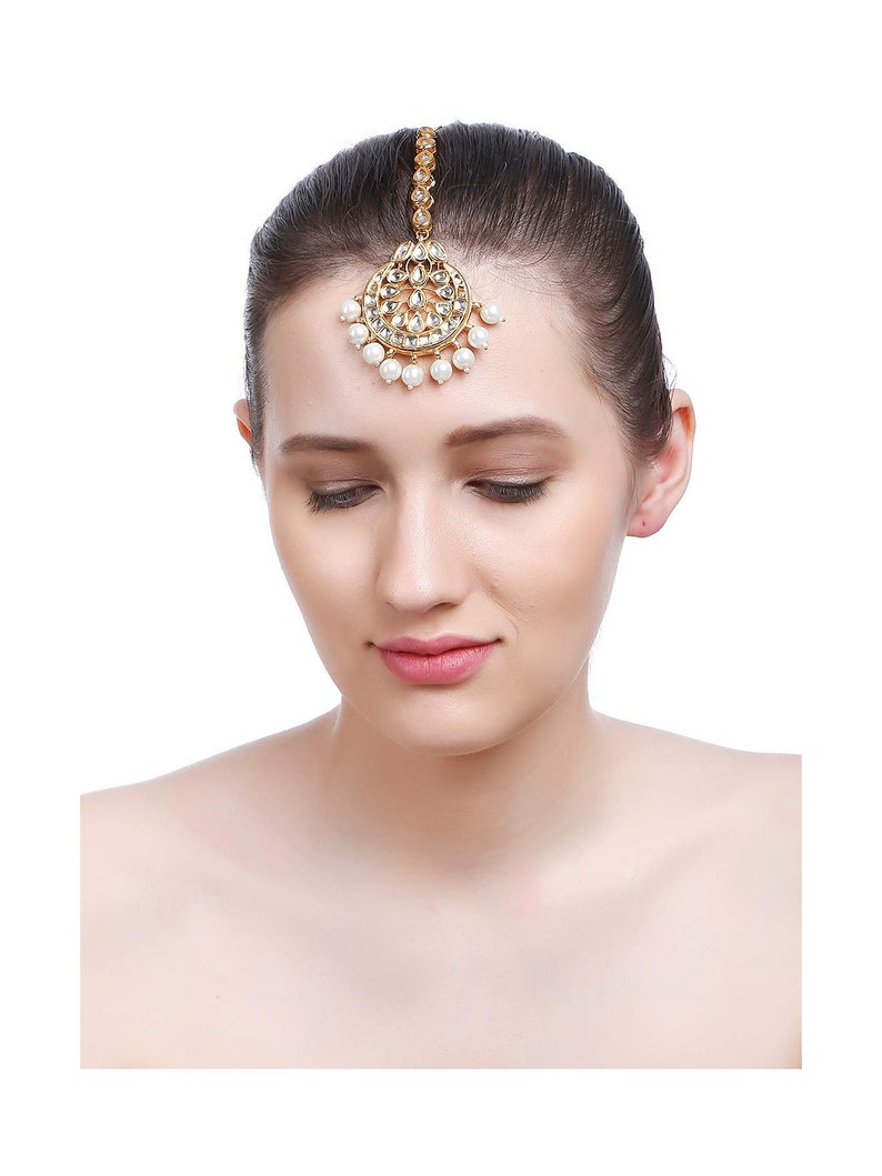 Ethnic Traditional Indian Exclusive Gold Tone Wedding Kundan White Pearl Maang Tikka Forehead Tikka Jewellery