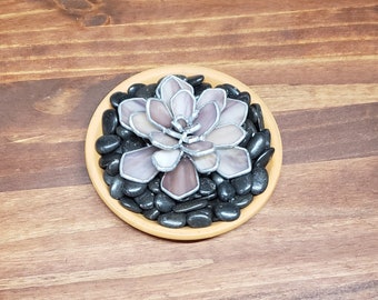 Pink Stained Glass Succulent, Faux Plant Art, 6" Dish