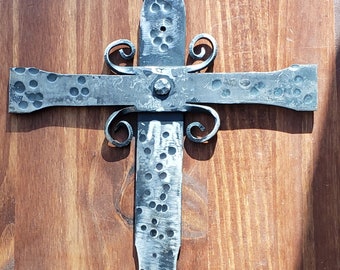 Hand Forged Steel Cross, Blacksmith Scroll Christian Wall Decor