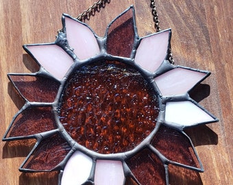 Stained Glass Sunflower Suncatcher, Pink and Purple Petals, Handmade