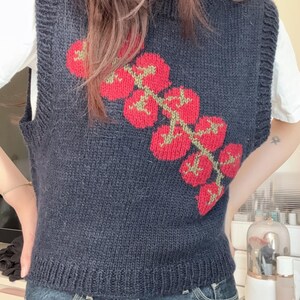 May include: A navy blue knitted vest featuring a vibrant red tomato design with green stems. The sleeveless top is worn over a white t-shirt and paired with blue denim jeans. The vest's design adds a pop of color to the outfit.