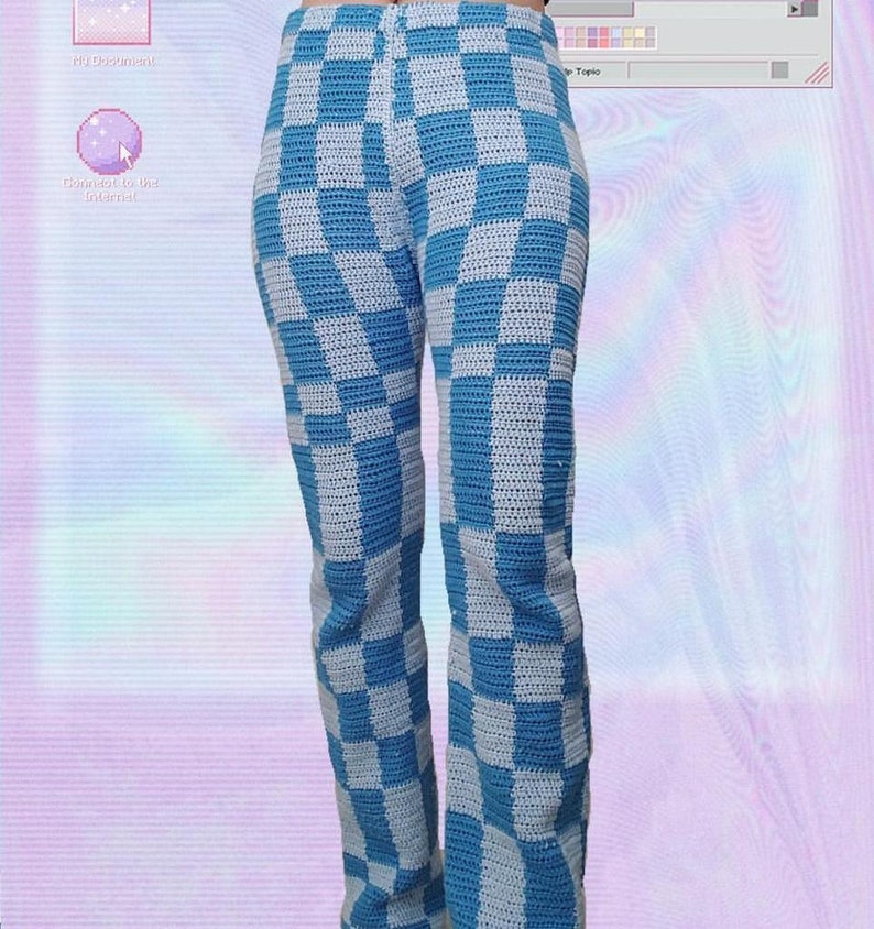 be squared pants pattern, crochet checkered pants, cotton pants, blue, pastell blue