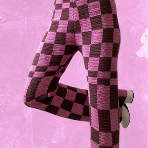 be squared pants pattern, crochet checkered pants, cotton pants, brown, hot pink