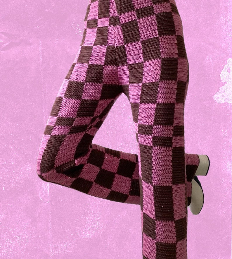 be squared pants pattern, crochet checkered pants, cotton pants, brown, hot pink