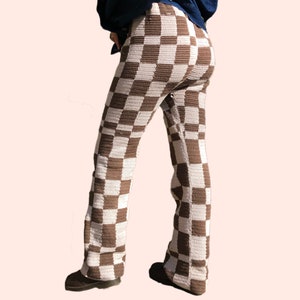 be squared pants pattern, crochet checkered pants, cotton pants, brown, beige