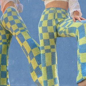 be squared pants pattern, crochet checkered pants, cotton pants, blue, yellow