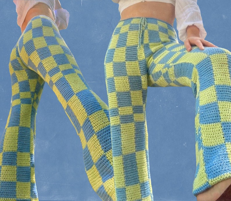 be squared pants pattern, crochet checkered pants, cotton pants, blue, yellow