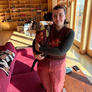May include: A person holding a gray cat wearing a burgundy sweater with a floral design. The person is wearing a burgundy sweater vest with a floral design, a dark green long-sleeve shirt, and burgundy pants.