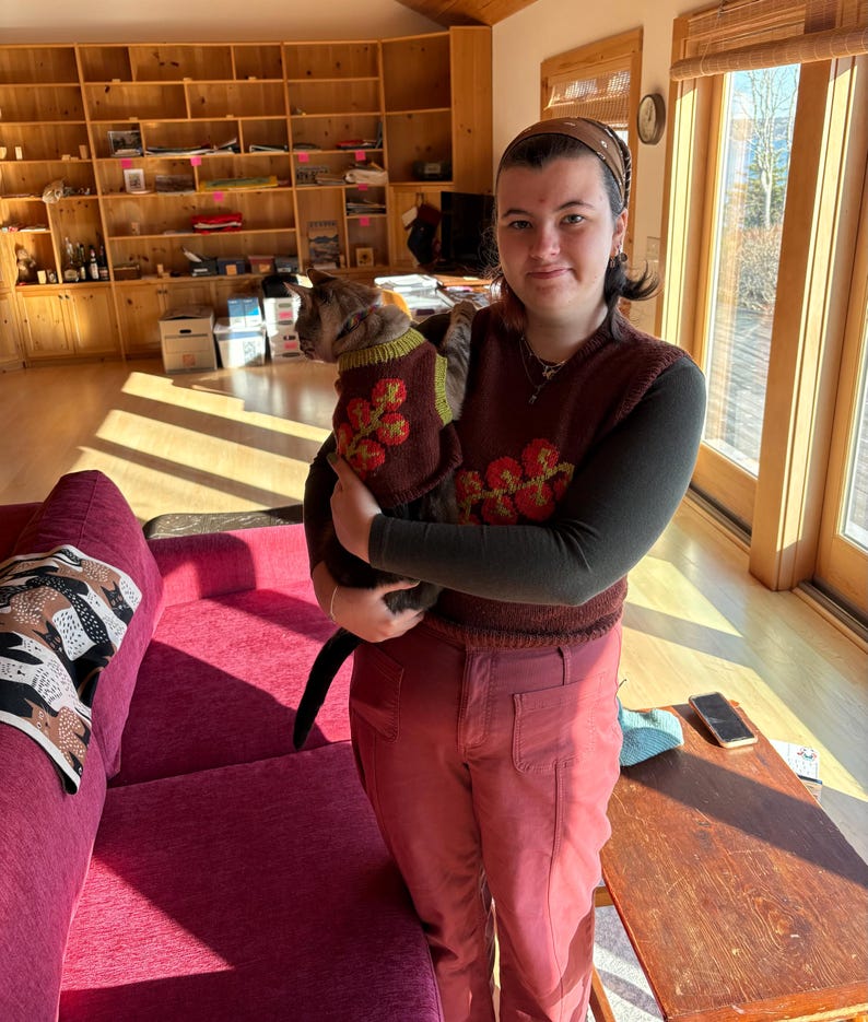 May include: A person holding a gray cat wearing a burgundy sweater with a floral design. The person is wearing a burgundy sweater vest with a floral design, a dark green long-sleeve shirt, and burgundy pants.