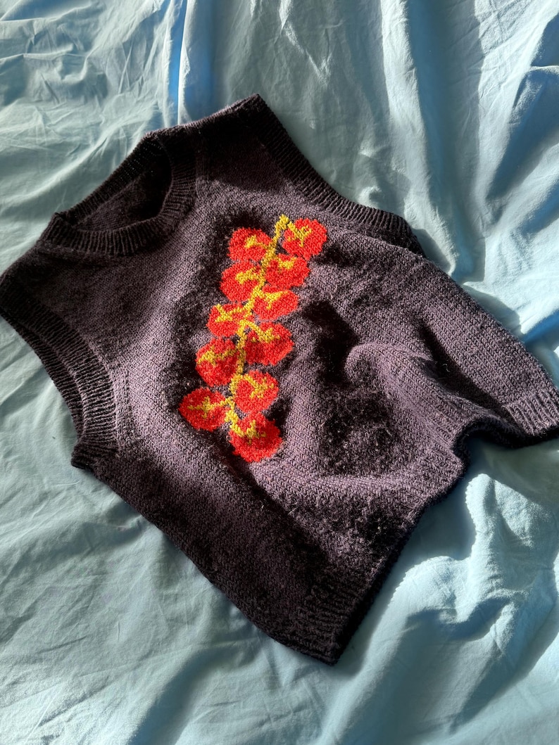 May include: A dark purple knitted vest with a floral design in red and yellow. The sleeveless top is made of a textured knit fabric and is displayed on a light blue surface.