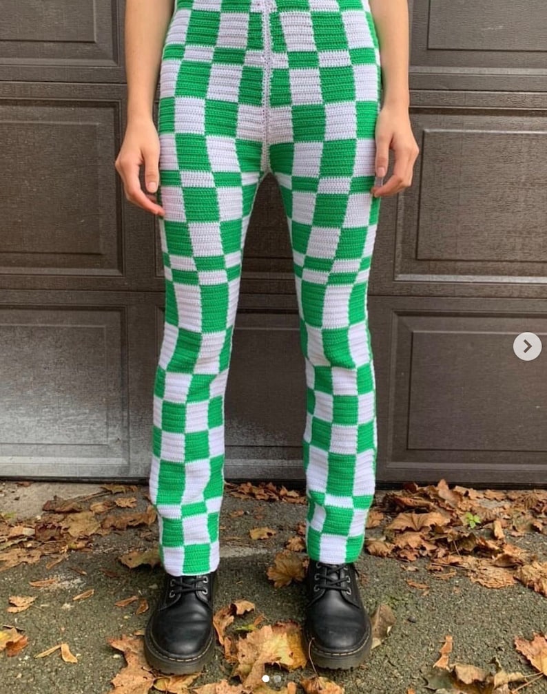 be squared pants pattern, crochet checkered pants, cotton pants, green, white