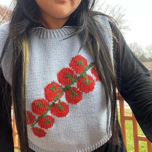 May include: A light blue knitted vest featuring a vibrant tomato design. The tomatoes are red with green stems, creating a colorful contrast against the vest's background. The vest is sleeveless and has a rounded neckline.