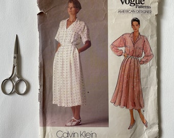Calvin Klein Vogue,  American designer pattern, Shirt waist dress, Size 16 38"bust, Vintage 1980's, Factory folded, Designer label