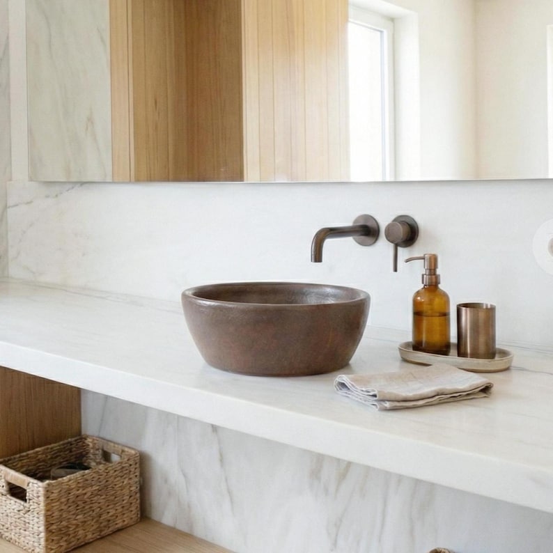 Lavabo de cerámica hecho a mano de gres esmaltado verde oliva Marrón