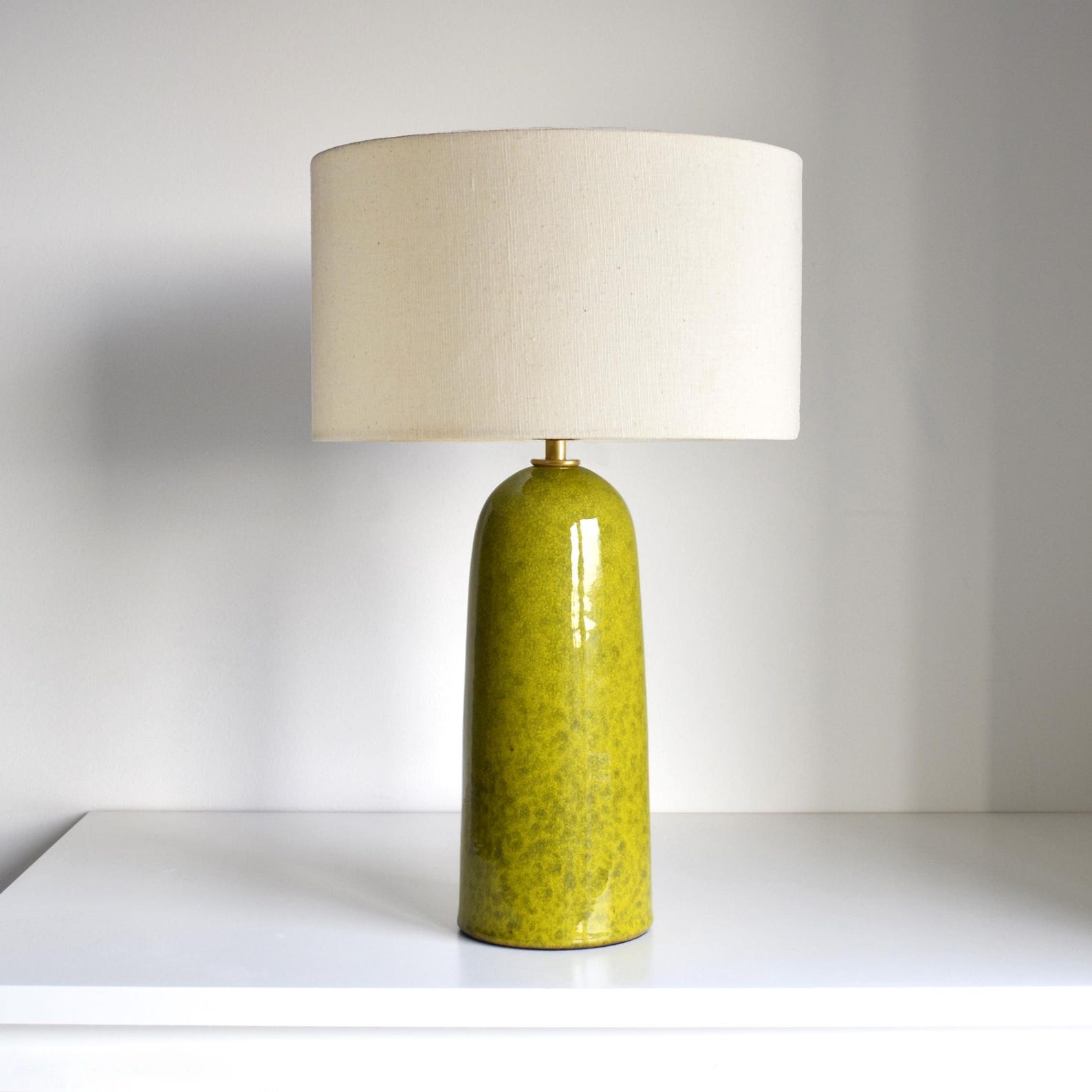 Handmade Ceramic Table Lamp: Exotic Lime Glaze, Tall Accent Lighting - Drum