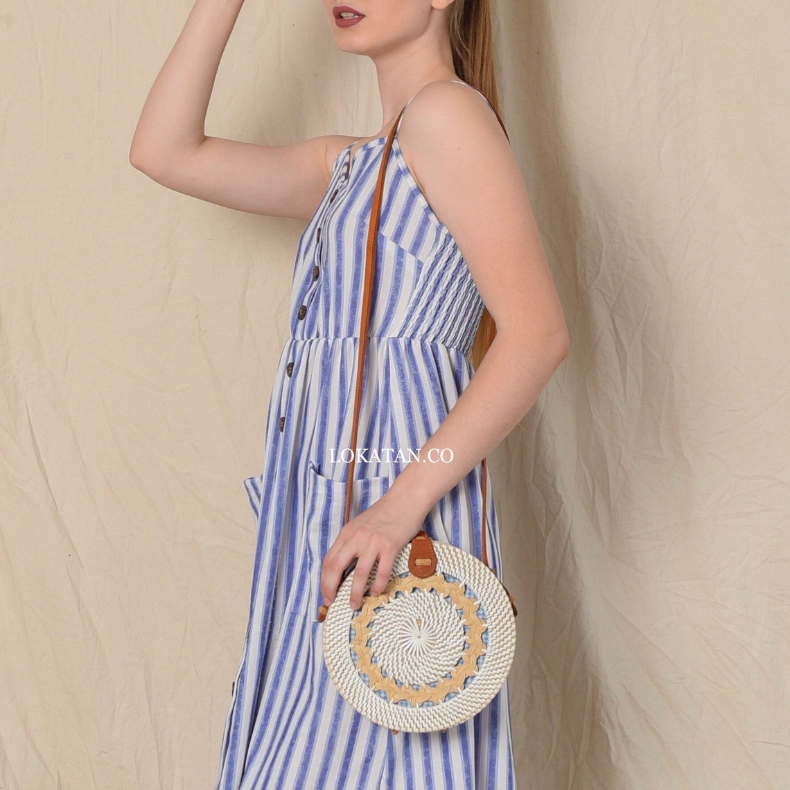 Runde weiße geflochtene Bali Rattan Tasche | Etsy