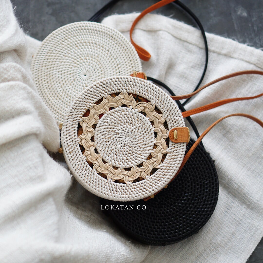 Runde weiße geflochtene Bali Rattan Tasche | Etsy