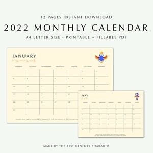 May include: A 2022 monthly calendar with a beige background, featuring the months of January and May. The design incorporates ancient Egyptian motifs. Text includes "12 Pages Instant Download" and "A4 Letter Size - Printable + Fillable PDF."
