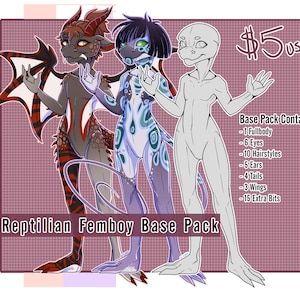 May include: Three digital illustrations of reptilian characters, one red and black, one blue and green, and one gray, with the text "Reptilian Femboy Base Pack" and "$5 usd" and a list of included items.