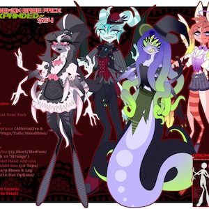 Puede incluir: Una ilustración digital de cuatro personajes de demonio araña con diferentes tipos de cuerpo, ropa y accesorios. Los personajes están en varias poses y tienen cabello y ojos de diferentes colores. La imagen incluye el texto "SPIDER DEMON BASE PACK ~EXPANDED~ $24".